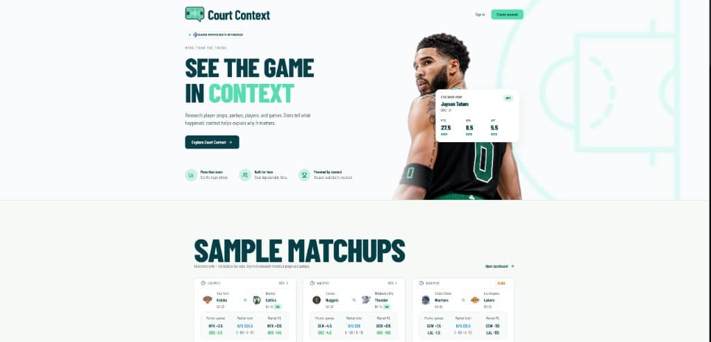 Court Context landing page showing hero and sample matchups